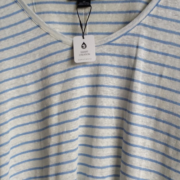 Sanctuary Alma Striped 100% Linen Scoop-Neck Tee Shirt, White Blue Size 2X NEW - Picture 4 of 4
